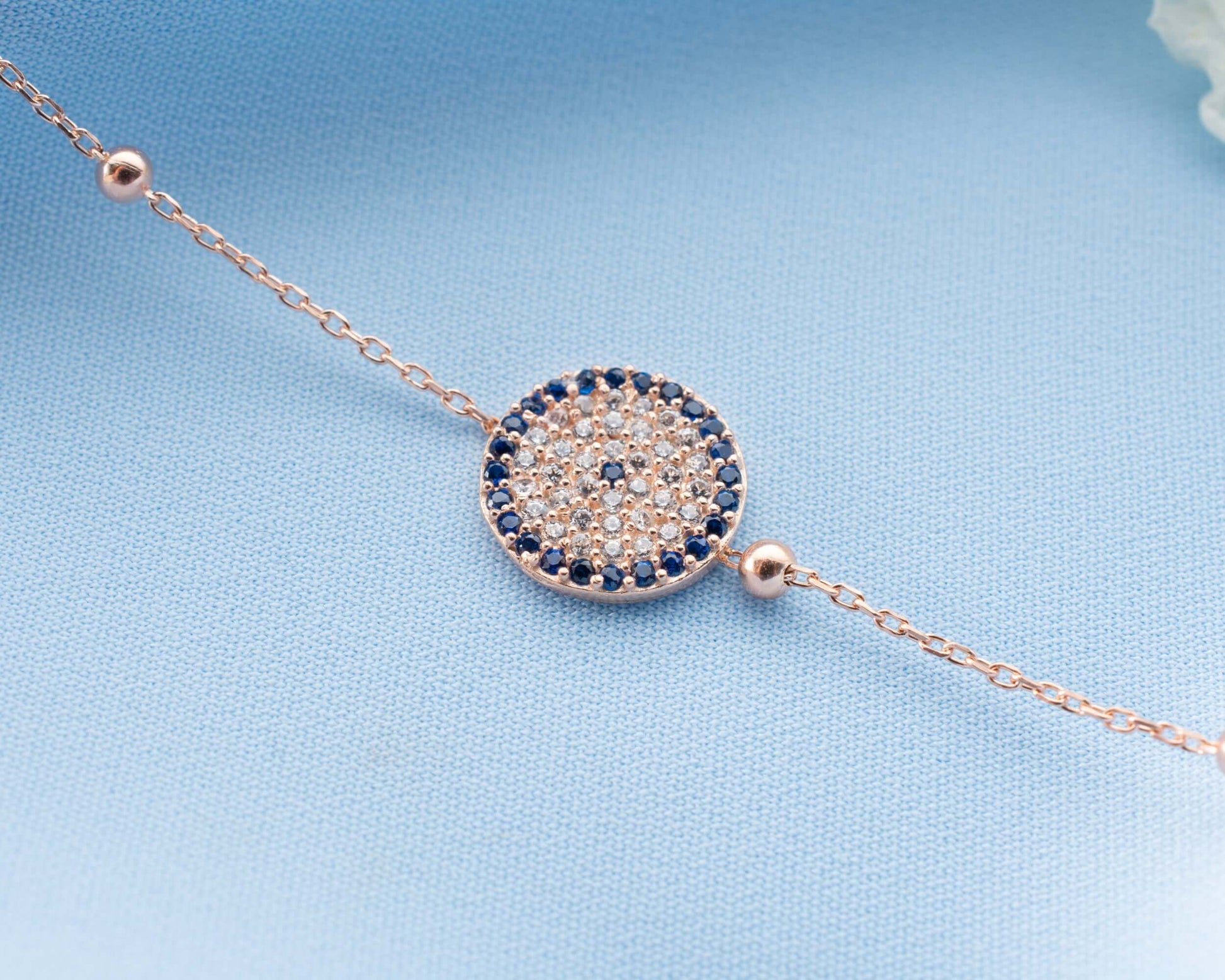 Mavi Zirkon Taşlı Nazar Boncuklu Gümüş Bileklik - ÖzelSen