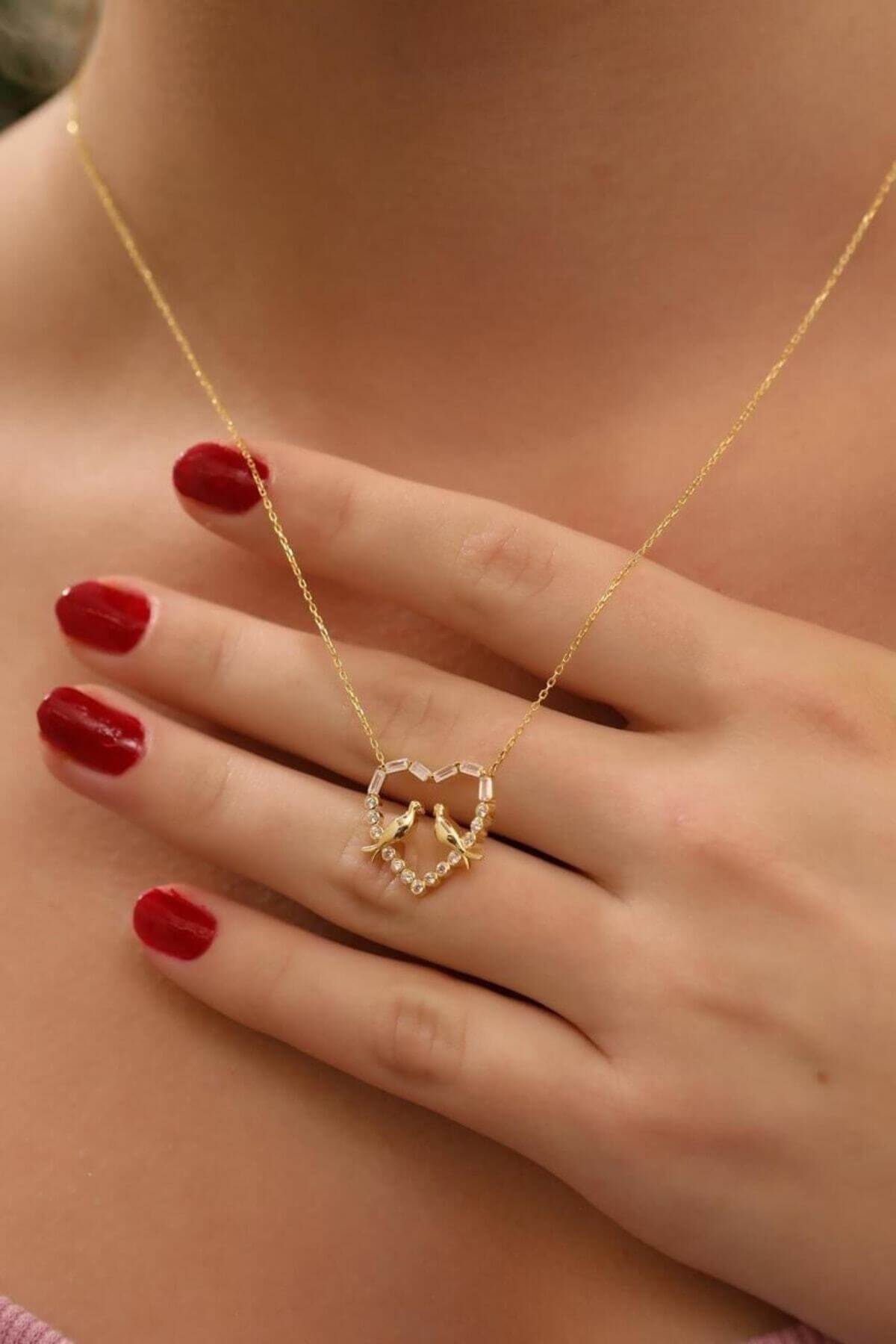 Aşık Kuşlar 925 Ayar Gümüş Kalpli Kolye - ÖzelSen