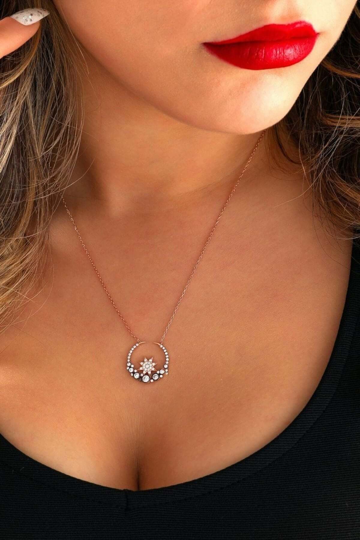 Beyaz Zirkon Taşlı 925 Ayar Gümüş Ay Yıldız Kolye - ÖzelSen