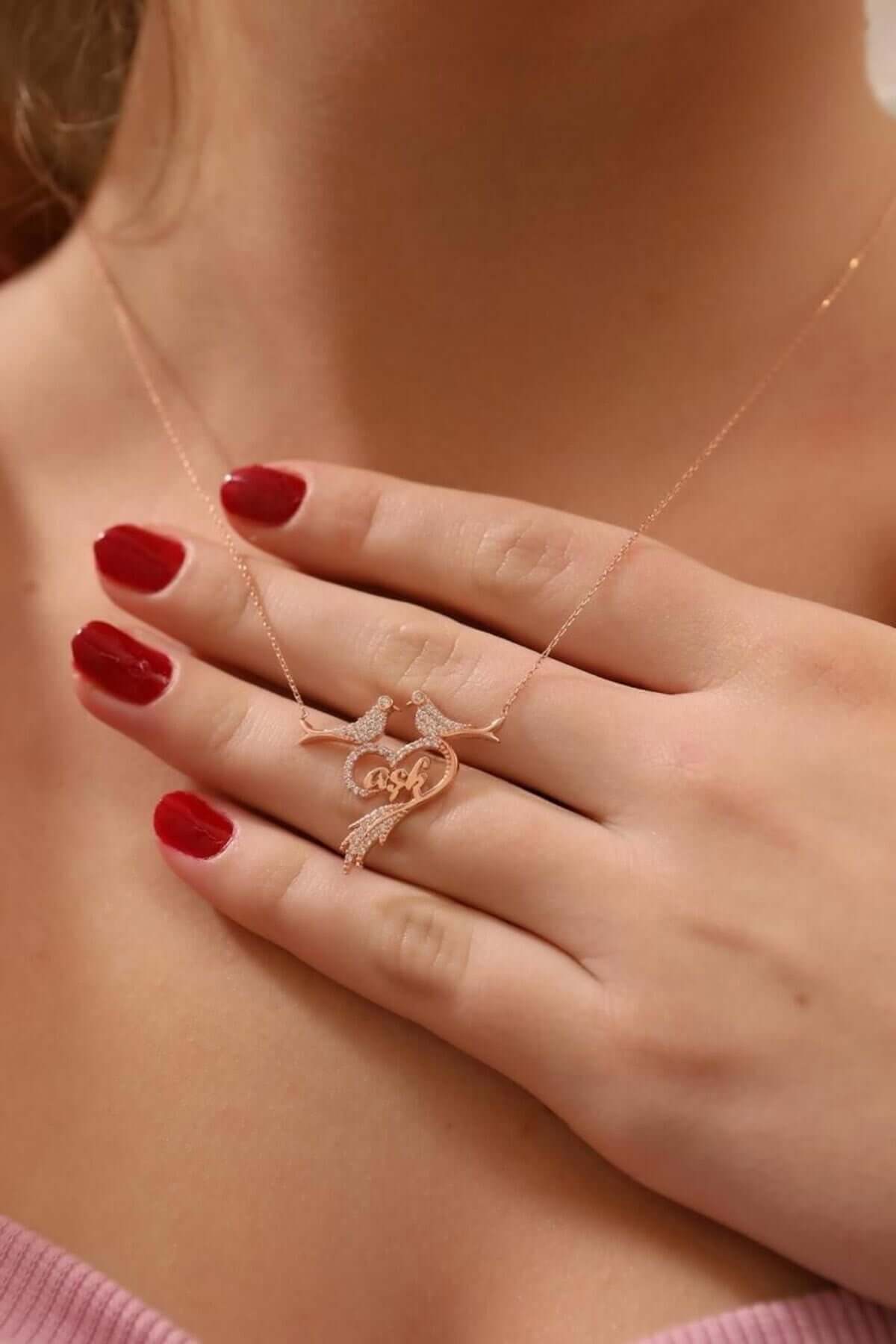 Çift Kuşlu Aşk Yazılı 925 Ayar Gümüş Kalpli Kolye - ÖzelSen