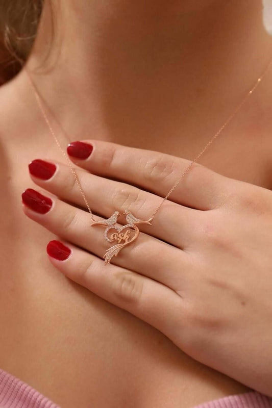 Çift Kuşlu Aşk Yazılı 925 Ayar Gümüş Kalpli Kolye - ÖzelSen