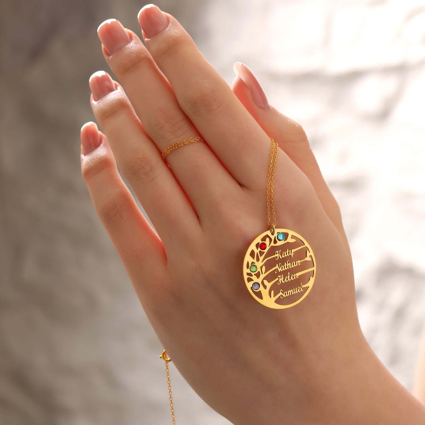 Doğum Ayı Taşlı Aile Ağacı 925 Ayar Gümüş İsimli Kolye - ÖzelSen
