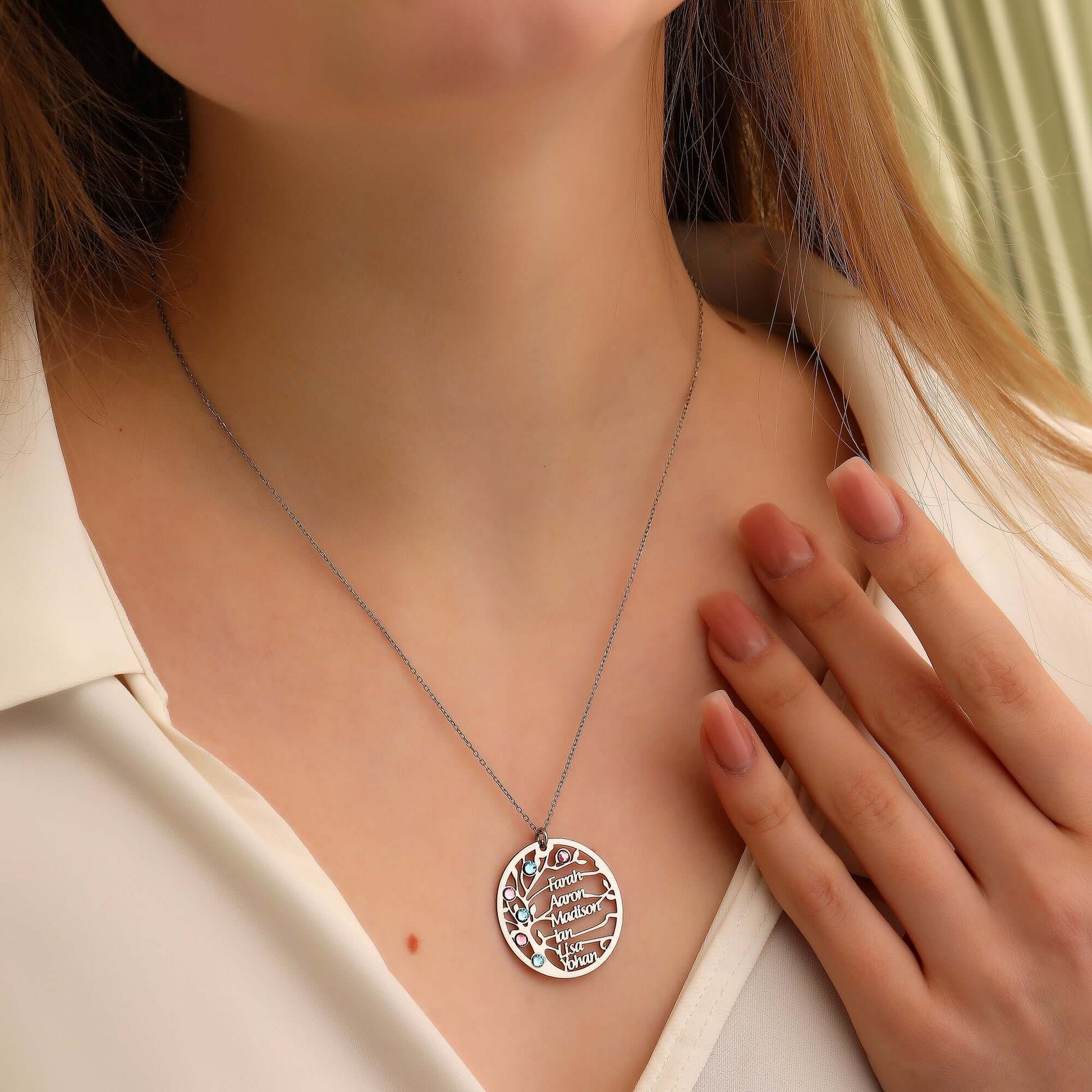 Doğum Ayı Taşlı Aile Ağacı 925 Ayar Gümüş İsimli Kolye - ÖzelSen