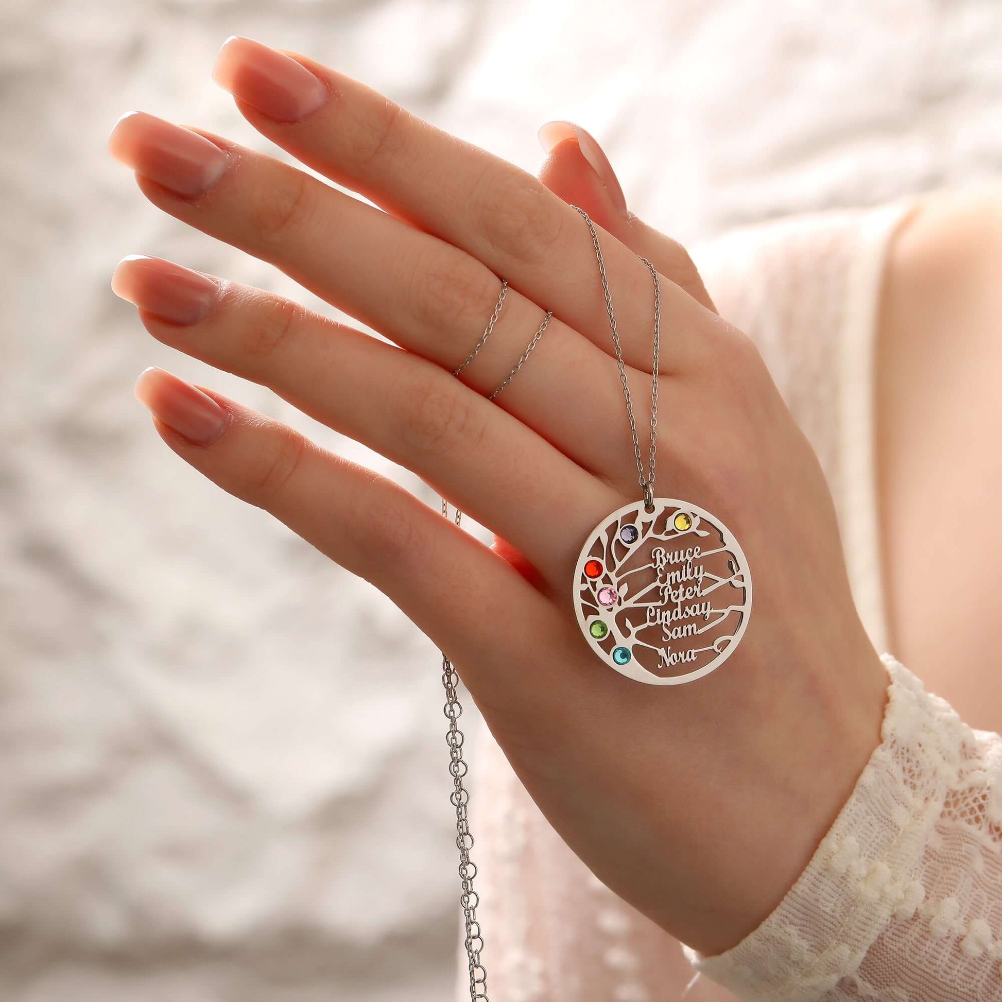 Doğum Ayı Taşlı Aile Ağacı 925 Ayar Gümüş İsimli Kolye - ÖzelSen