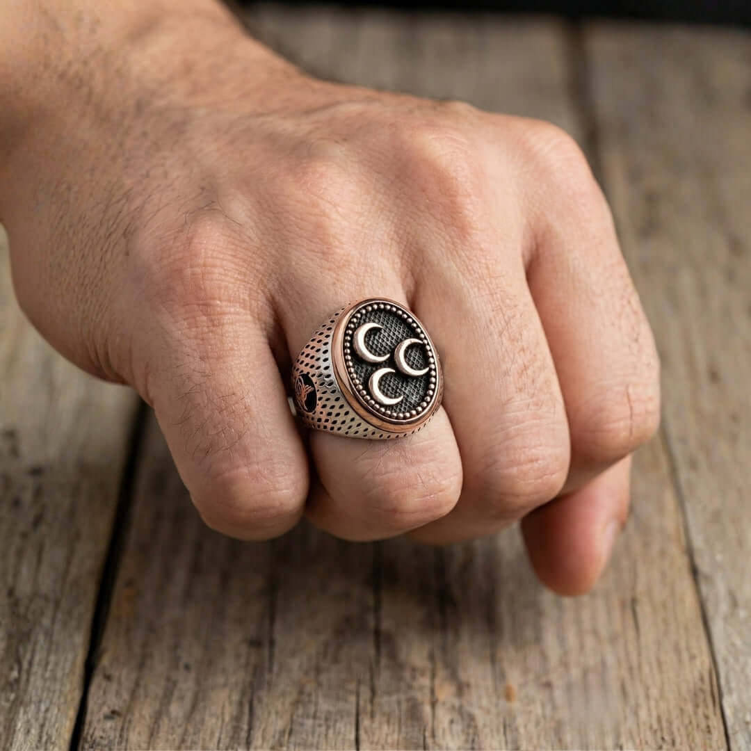 El İşçiliği Otantik Mine İşlemeli Üç Hilal Erkek Gümüş Yüzük - ÖzelSen