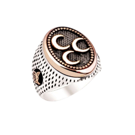 El İşçiliği Otantik Mine İşlemeli Üç Hilal Erkek Gümüş Yüzük - ÖzelSen