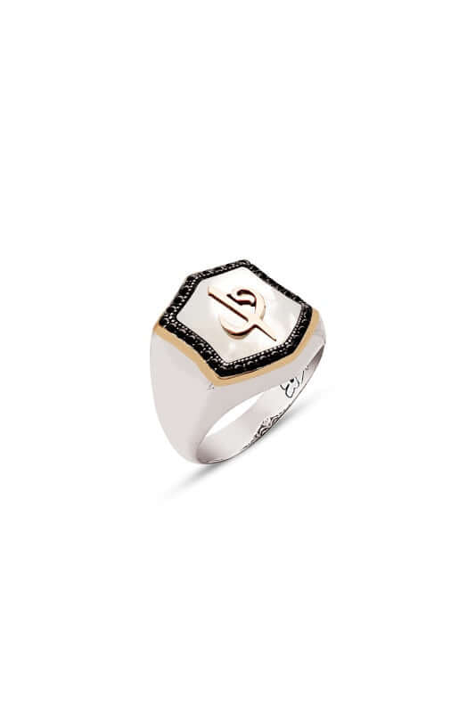 Elif Vav Yüzük Erkek Gümüş Sedef Taşlı - ÖzelSen