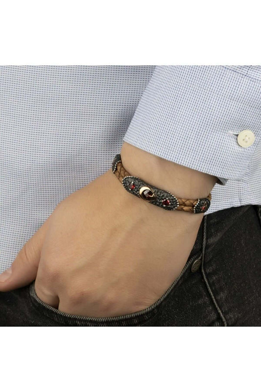 Gümüş Ayyıldız Motifli Kahverengi Hakiki Erkek Deri Bileklik - ÖzelSen