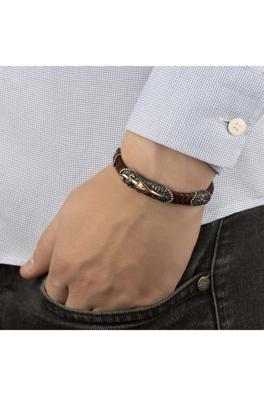 Gümüş Hançer Motifli Bordo Hakiki Erkek Deri Bileklik - ÖzelSen