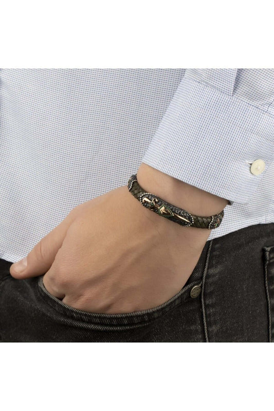 Gümüş Hançer Motifli Haki Yeşil Hakiki Erkek Deri Bileklik - ÖzelSen