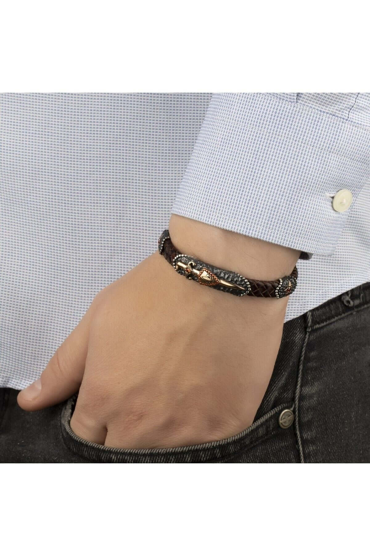 Gümüş Hançer Motifli Kahverengi Hakiki Erkek Deri Bileklik - ÖzelSen