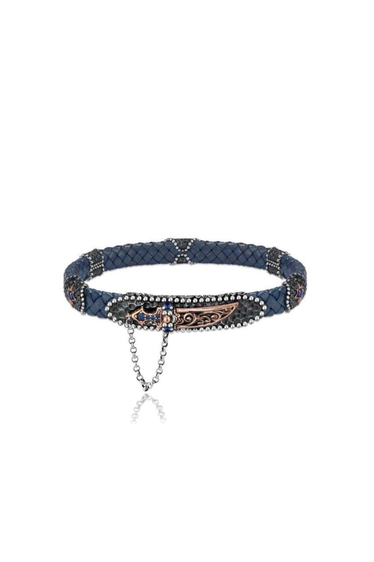 Gümüş Hançer Motifli Mavi Hakiki Erkek Deri Bileklik - ÖzelSen