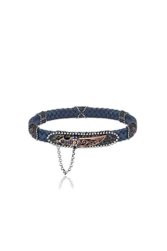 Gümüş Hançer Motifli Mavi Hakiki Erkek Deri Bileklik - ÖzelSen