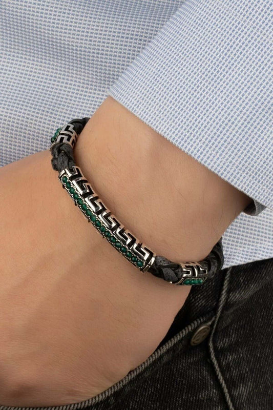 Gümüş Motifli Yeşil Taşlı Siyah Hakiki Erkek Deri Bileklik - ÖzelSen