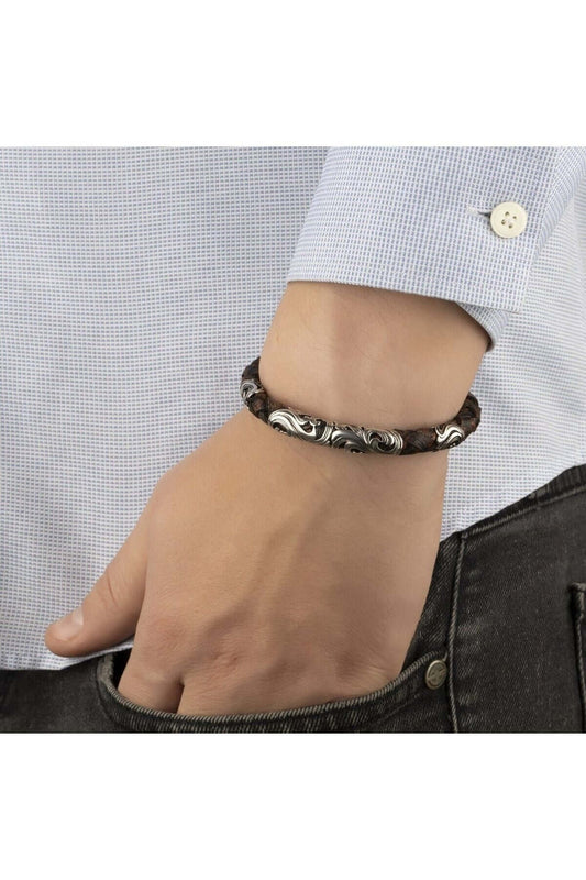 Gümüş Parçalı Eskitme Hakiki Erkek Deri Bileklik - ÖzelSen