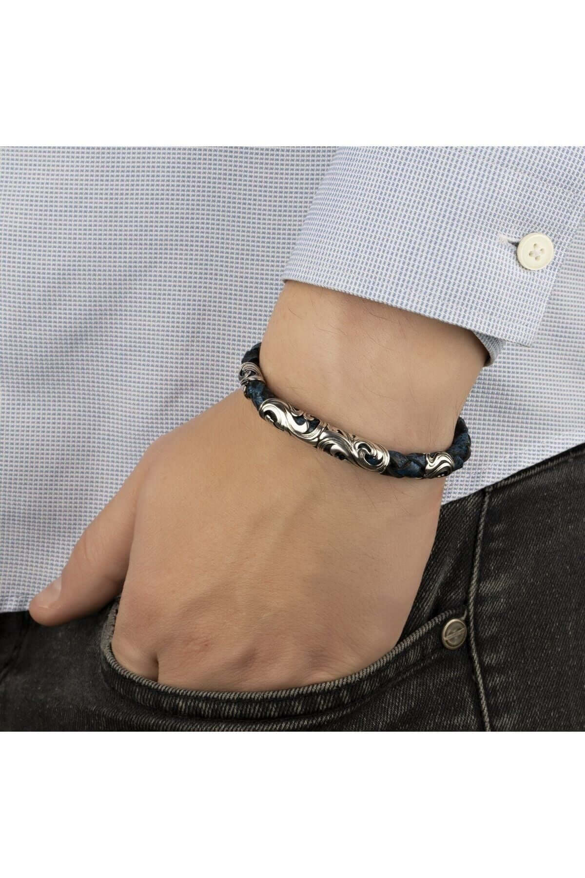 Gümüş Parçalı Eskitme Mavi Hakiki Erkek Deri Bileklik - ÖzelSen