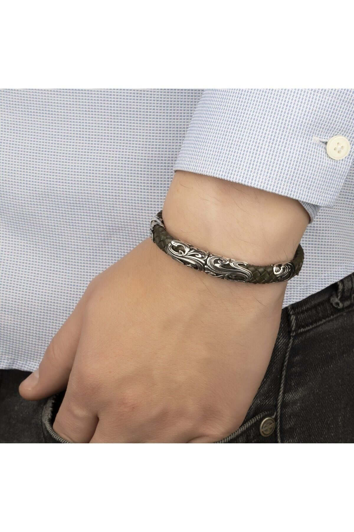 Gümüş Parçalı Haki Yeşil Hakiki Erkek Deri Bileklik - ÖzelSen