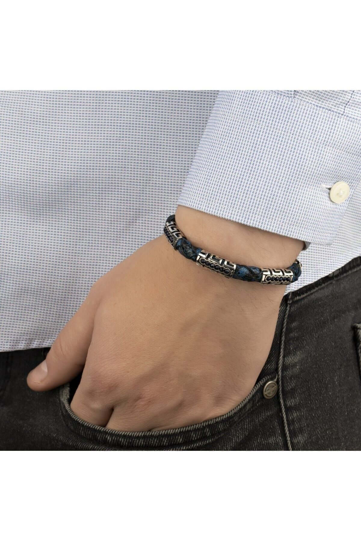 Gümüş Parçalı Mavi Taşlı Mavi Hakiki Erkek Deri Bileklik - ÖzelSen