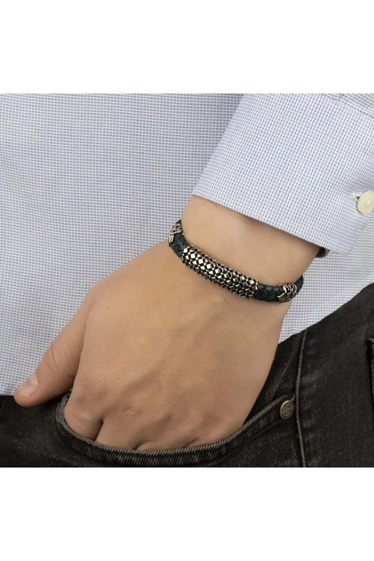 Gümüş Parçalı Örme Mavi Hakiki Erkek Deri Bileklik - ÖzelSen