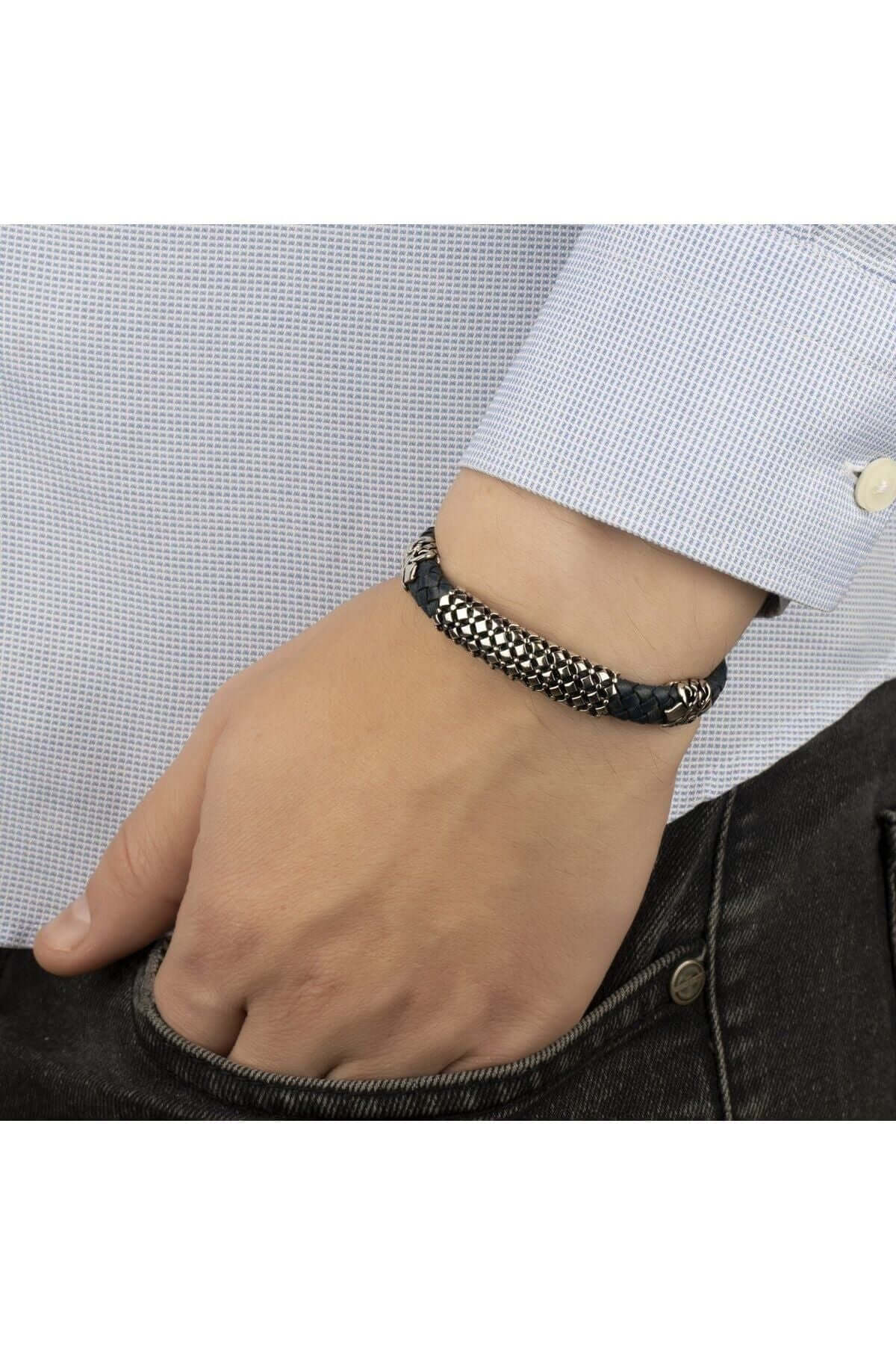 Gümüş Parçalı Örme Mavi Hakiki Erkek Deri Bileklik - ÖzelSen