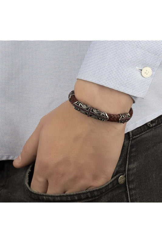 Gümüş Parçalı Taşlı Hakiki Erkek Deri Bileklik - ÖzelSen