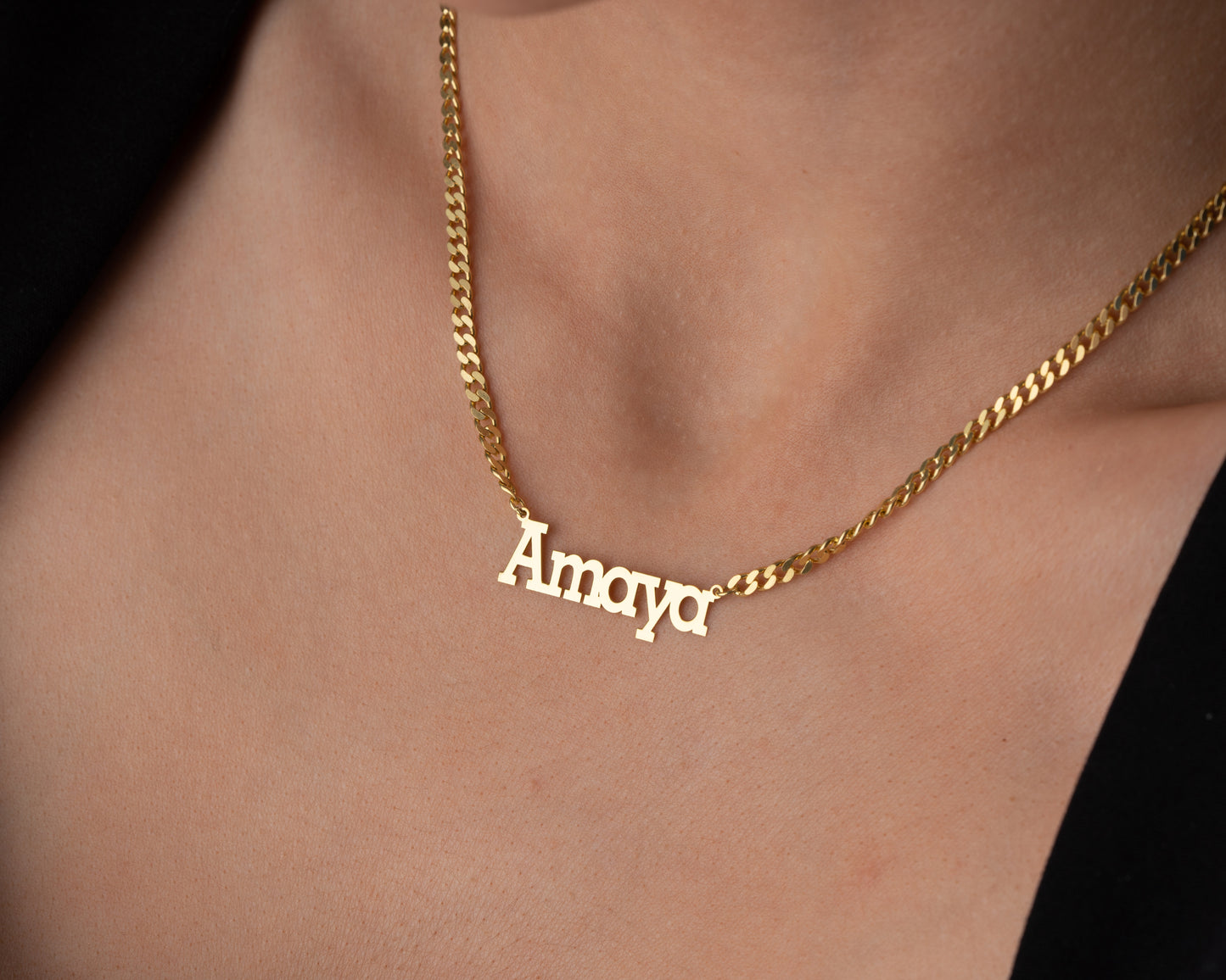 Gümüş İsimli Kolye | Kalın Zincirli Blok Fontlu Altın Kaplama