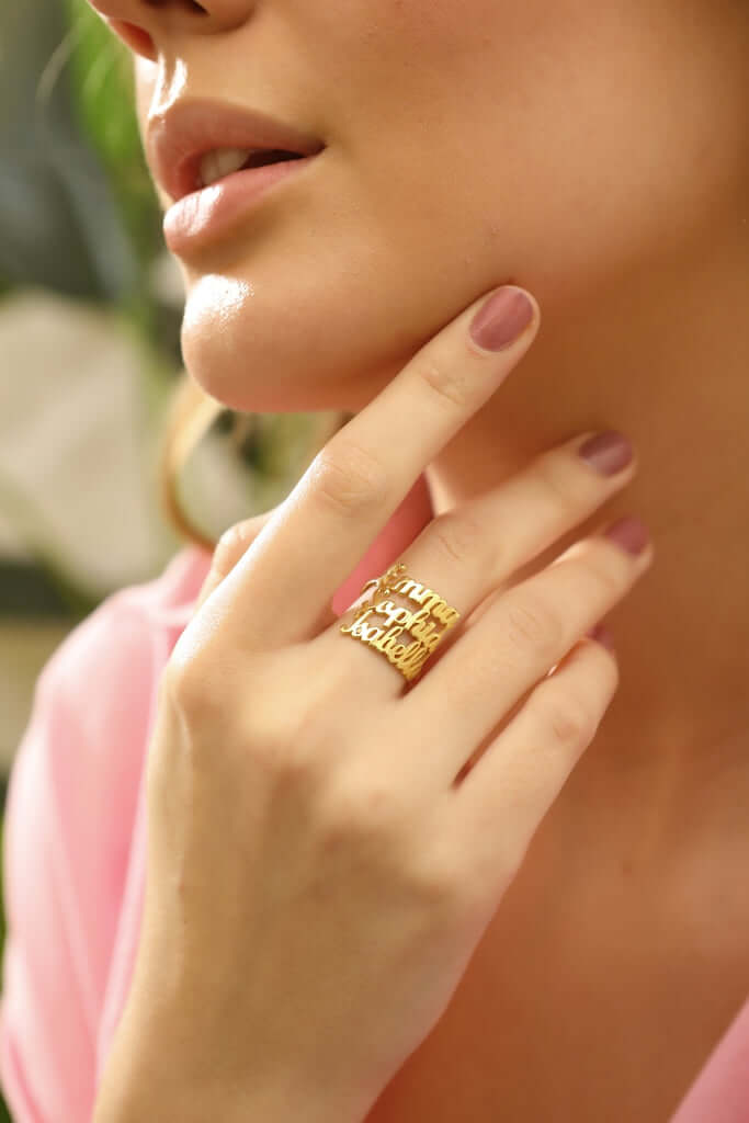 Kişiye Özel Altın Kaplama Üç Gümüş İsimli Yüzük - ÖzelSen