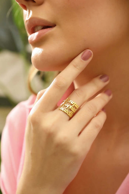 Kişiye Özel Altın Kaplama Üç Gümüş İsimli Yüzük - ÖzelSen