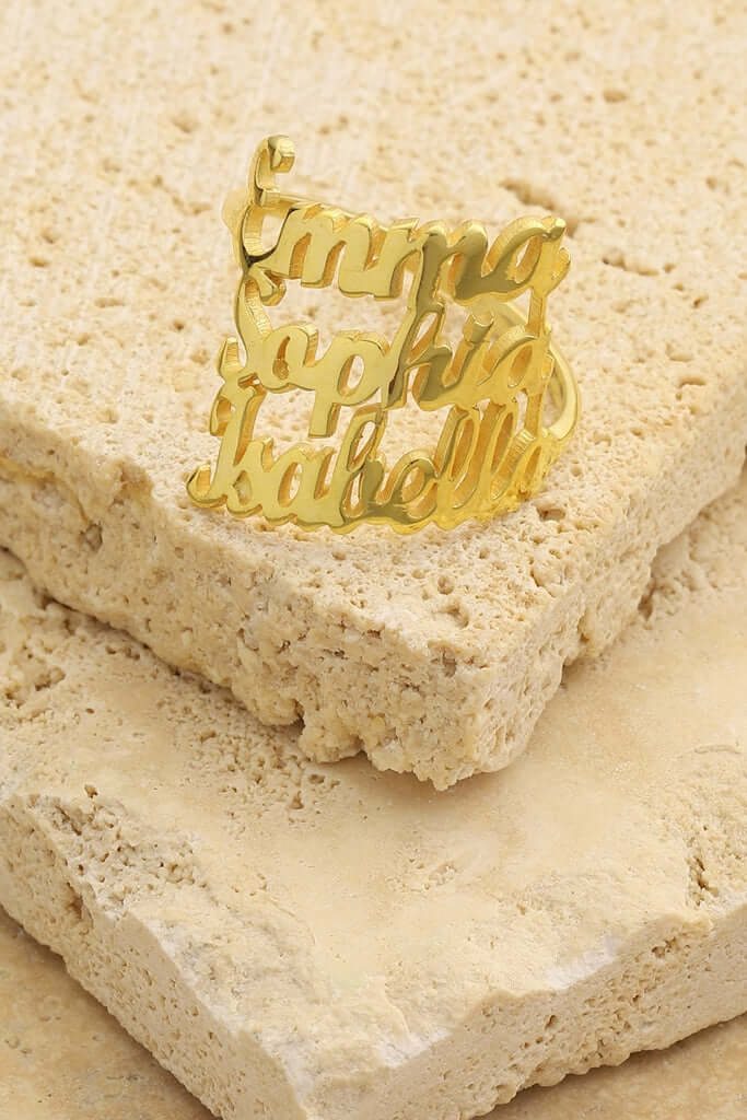 Kişiye Özel Altın Kaplama Üç Gümüş İsimli Yüzük - ÖzelSen