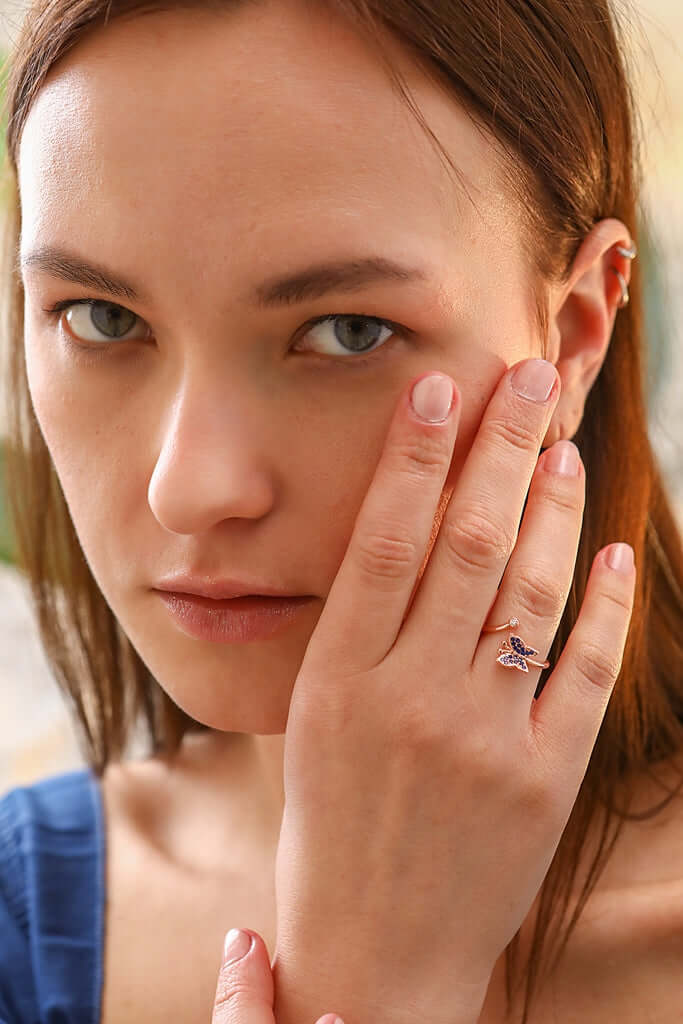 Kişiye Özel Doğum Ayı Taşlı Kelebekli Gümüş Yüzük - ÖzelSen