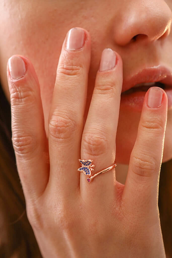 Kişiye Özel Doğum Ayı Taşlı Kelebekli Gümüş Yüzük - ÖzelSen