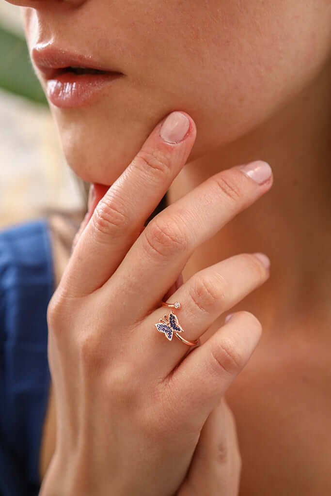 Kişiye Özel Doğum Ayı Taşlı Kelebekli Gümüş Yüzük - ÖzelSen