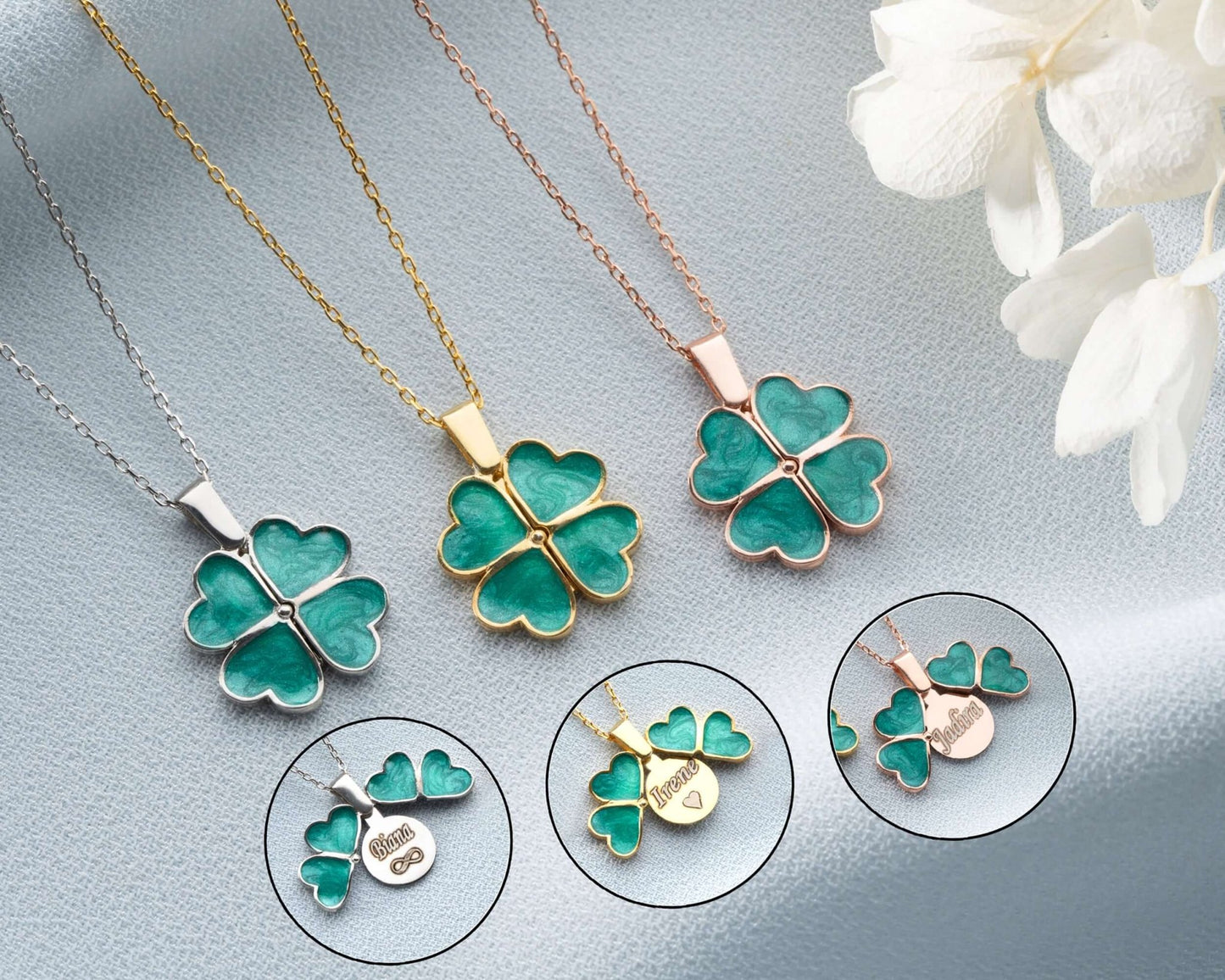 Kişiye Özel İsimli Açılır Kapaklı Dört Yapraklı Yonca Gümüş Kolye - ÖzelSen