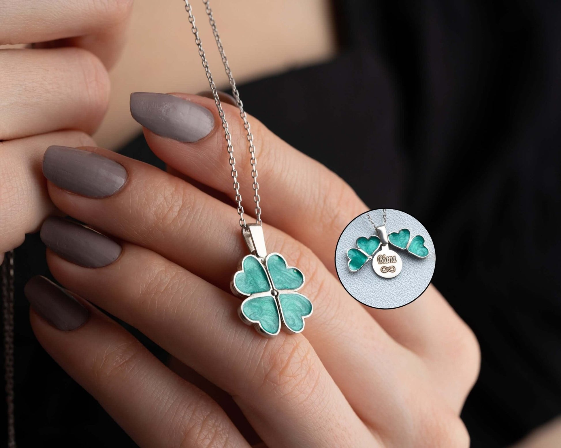 Kişiye Özel İsimli Açılır Kapaklı Dört Yapraklı Yonca Gümüş Kolye - ÖzelSen