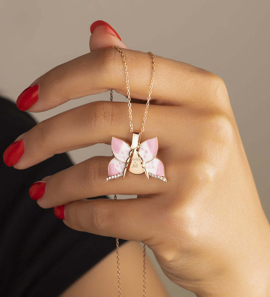 Kişiye Özel İsimli Açılır Kapanır Pembe Mineli Kelebek Gümüş Kolye - ÖzelSen