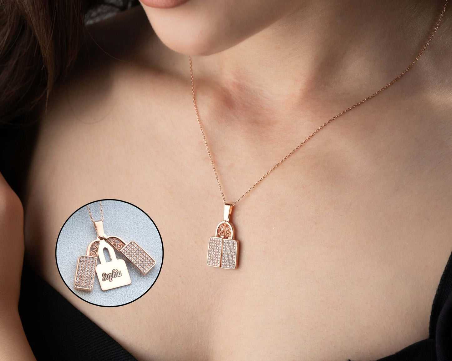 Kişiye Özel İsimli Zirkon Taşlı Kilit Gümüş Kolye - ÖzelSen