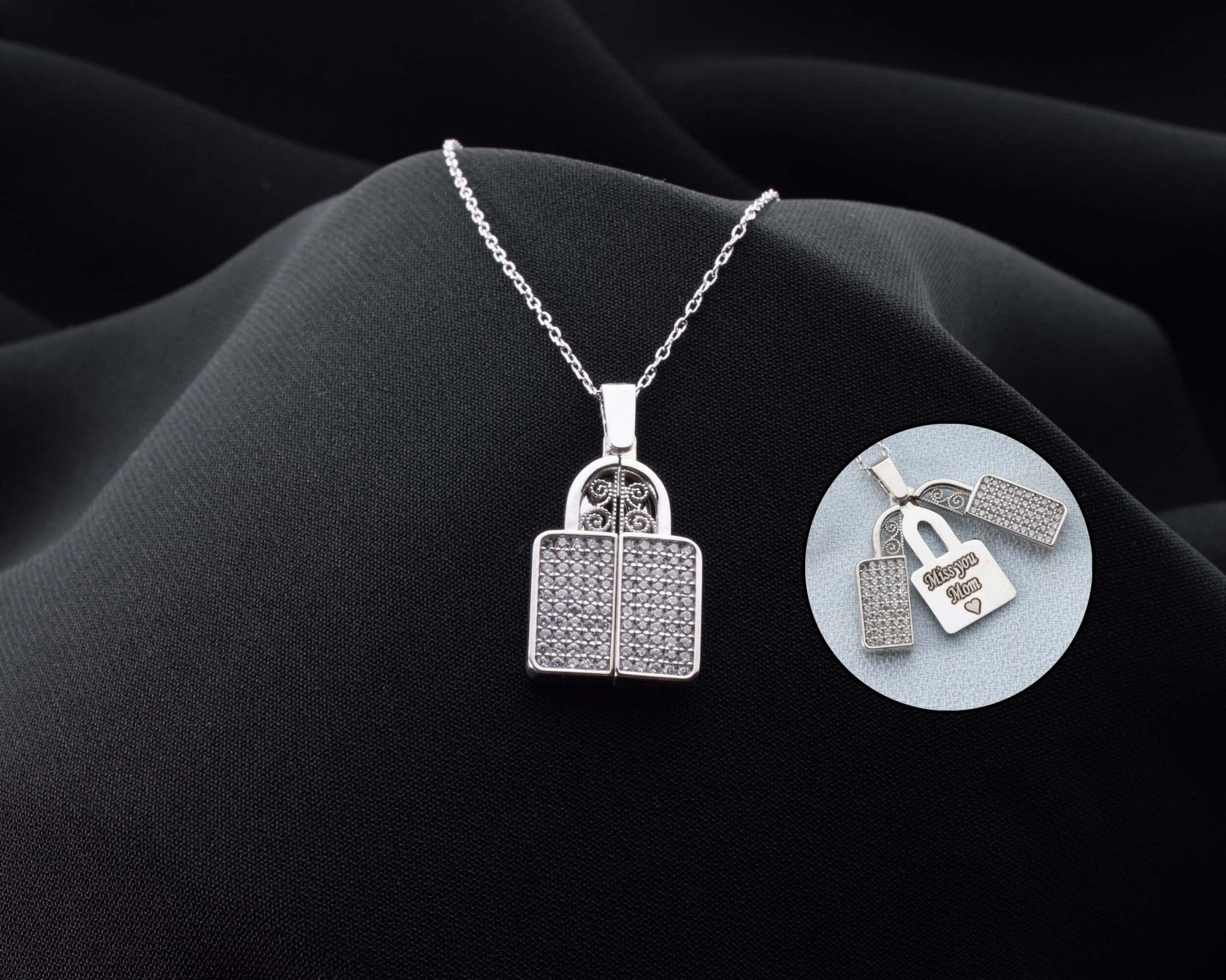 Kişiye Özel İsimli Zirkon Taşlı Kilit Gümüş Kolye - ÖzelSen