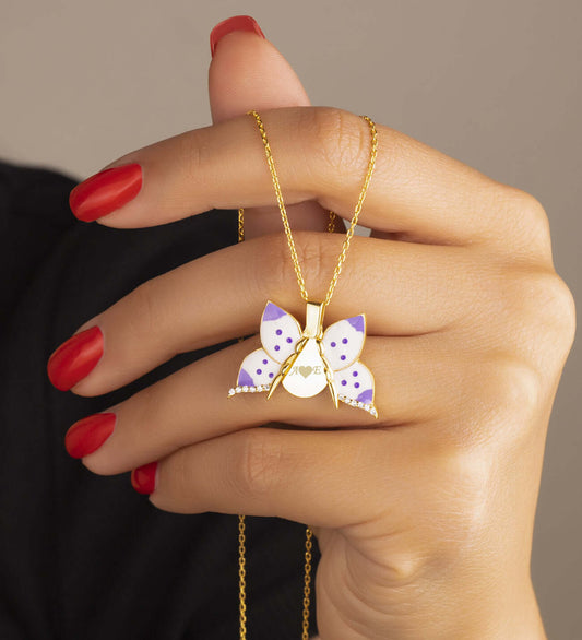 Lila Kelebek 925 Ayar Gümüş İsimli Kolye - ÖzelSen