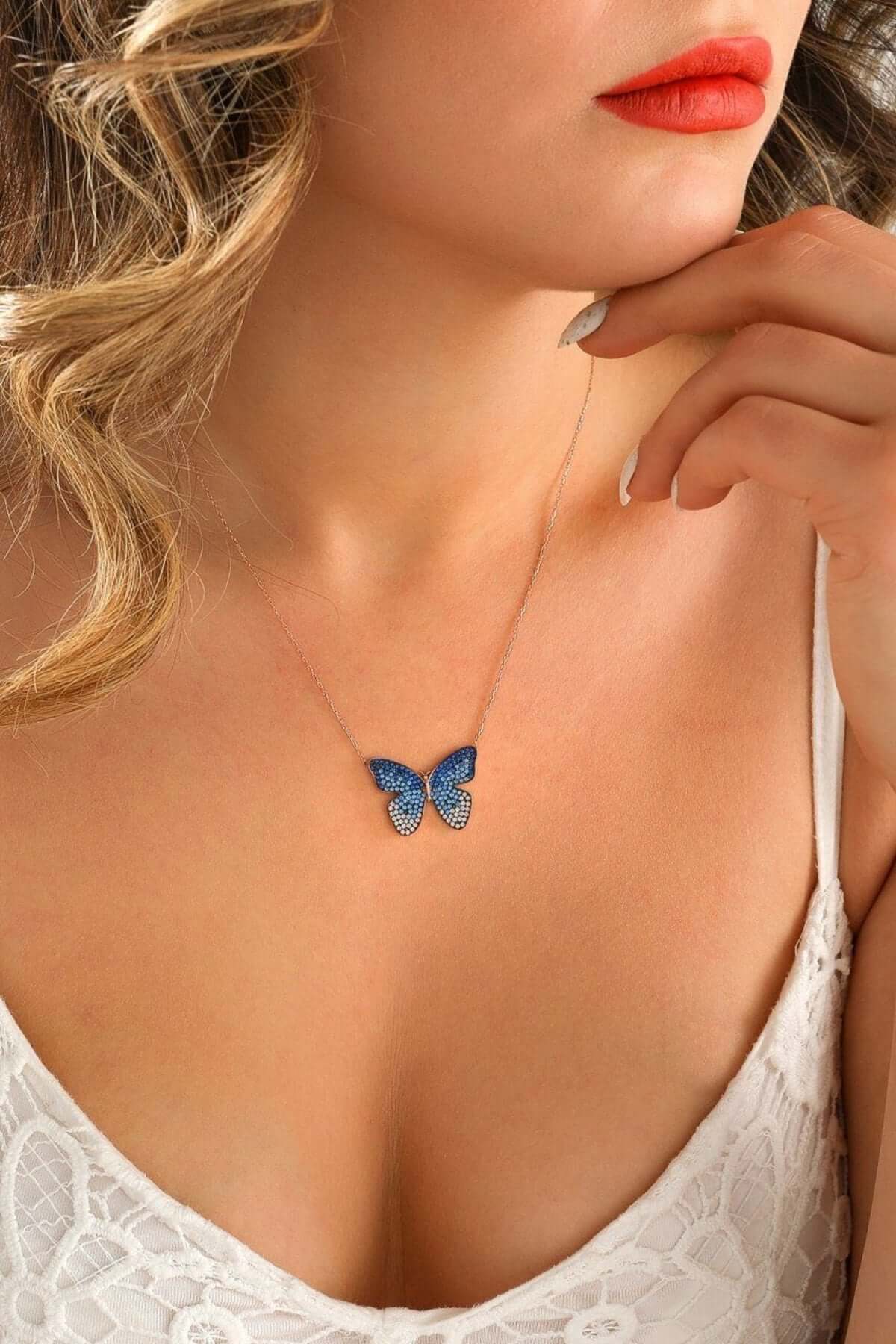 Mavi Zirkon Taşlı 925 Ayar Gümüş Kelebek Kolye - ÖzelSen