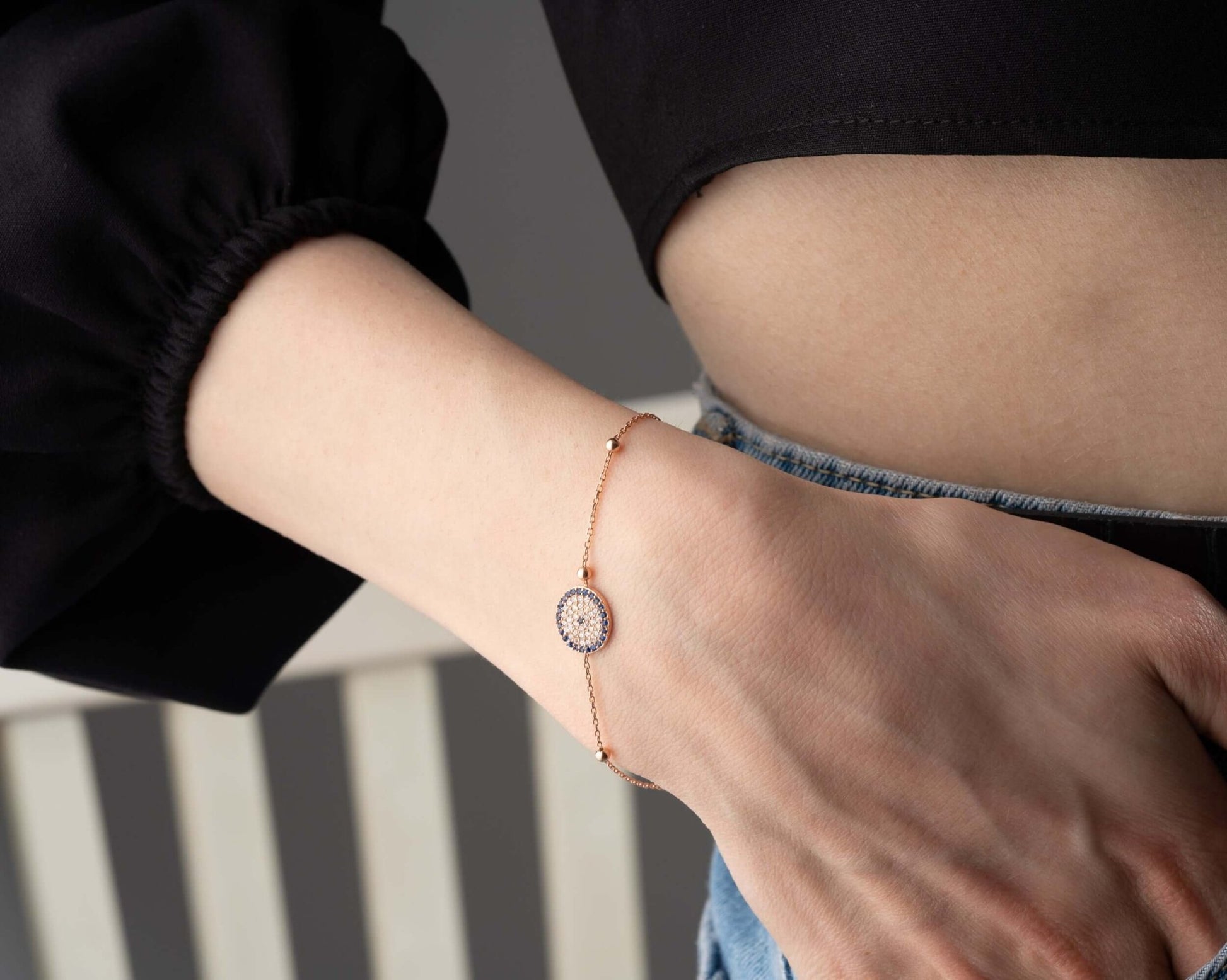 Mavi Zirkon Taşlı Nazar Boncuklu Gümüş Bileklik - ÖzelSen