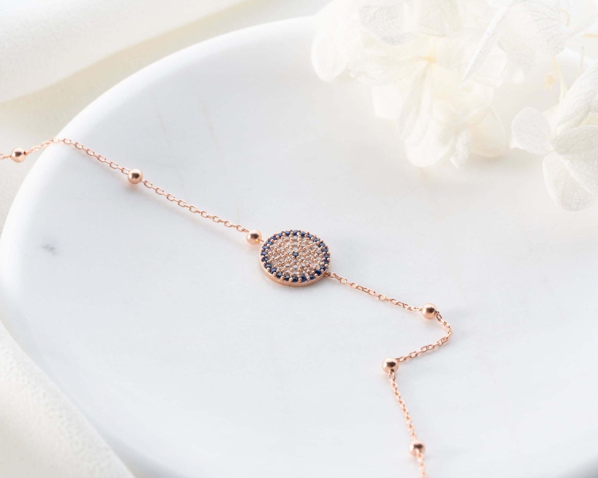 Mavi Zirkon Taşlı Nazar Boncuklu Gümüş Bileklik - ÖzelSen