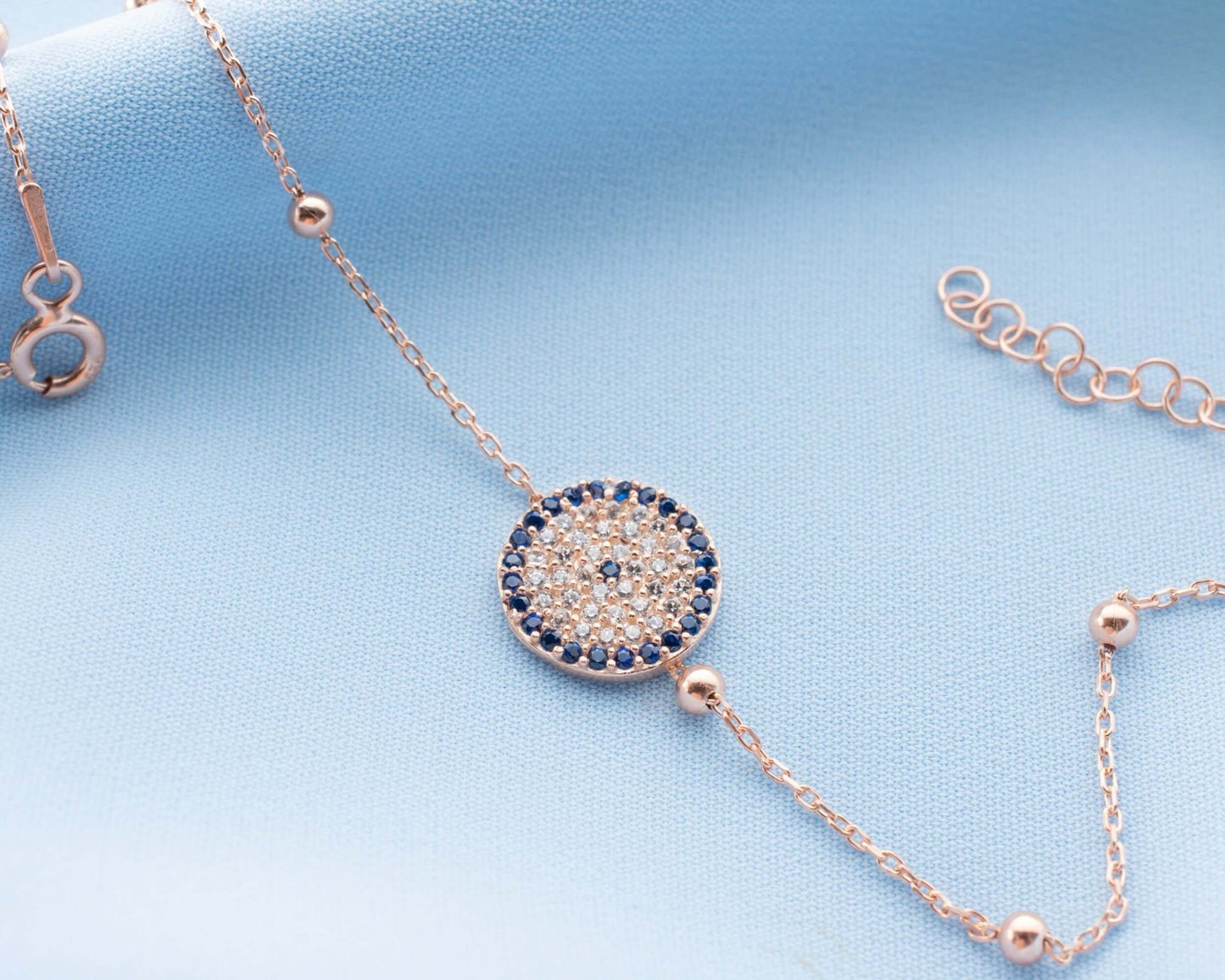 Mavi Zirkon Taşlı Nazar Boncuklu Gümüş Bileklik - ÖzelSen