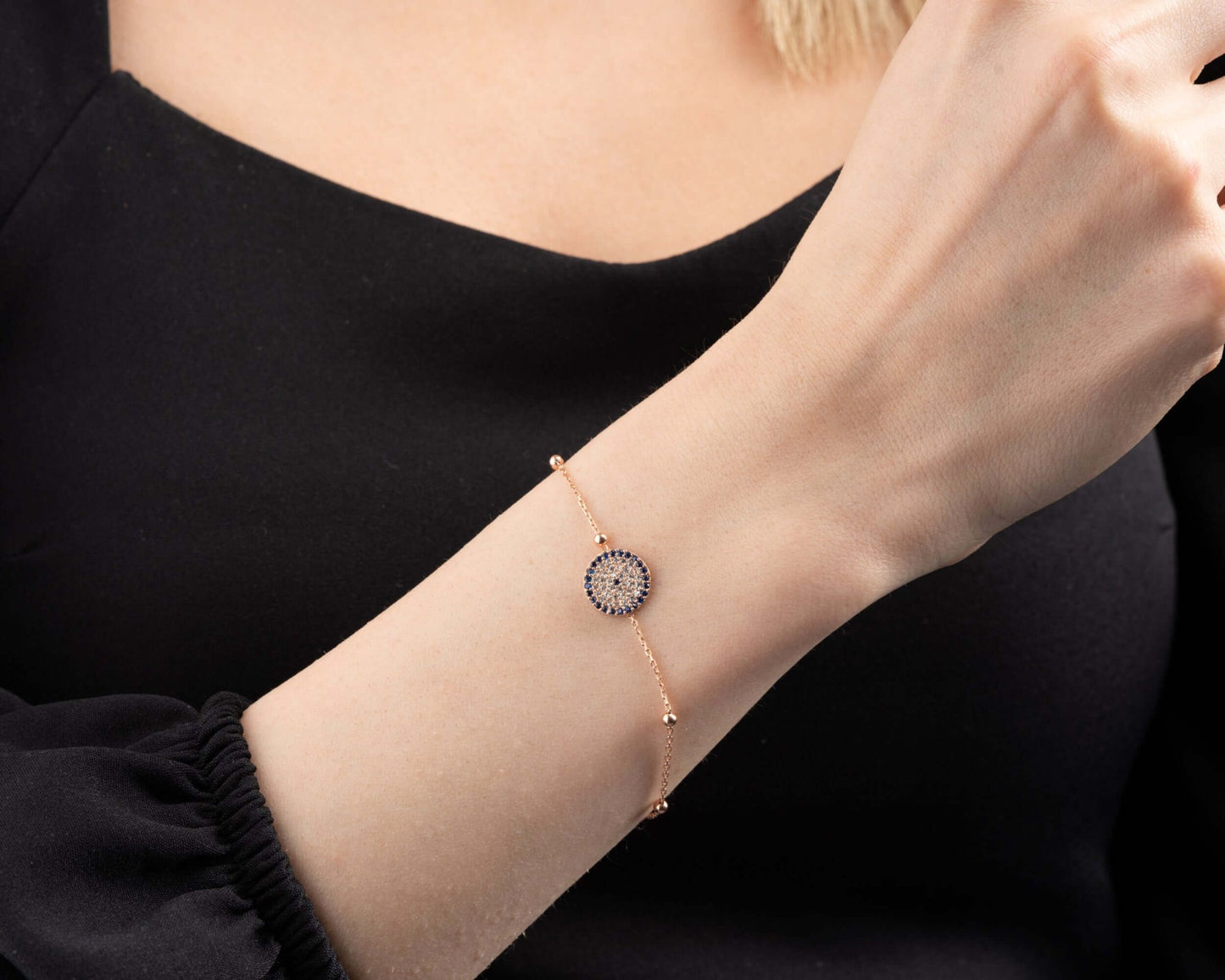 Mavi Zirkon Taşlı Nazar Boncuklu Gümüş Bileklik - ÖzelSen