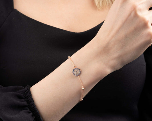 Mavi Zirkon Taşlı Nazar Boncuklu Gümüş Bileklik - ÖzelSen