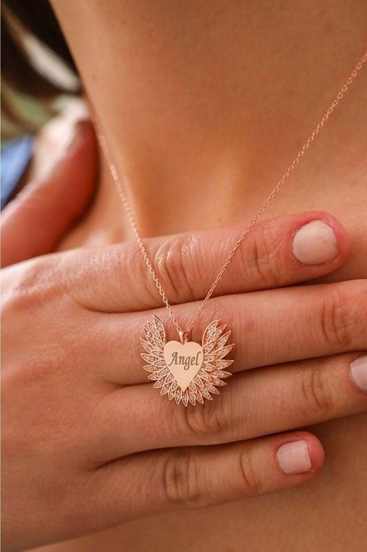 Melek Kanadı Kalpli 925 Ayar Gümüş İsimli Kolye - ÖzelSen