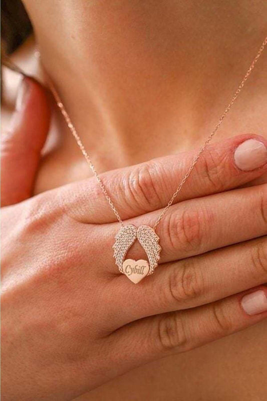 Melek Kanadı Kalpli 925 Ayar Gümüş İsimli Kolye - ÖzelSen