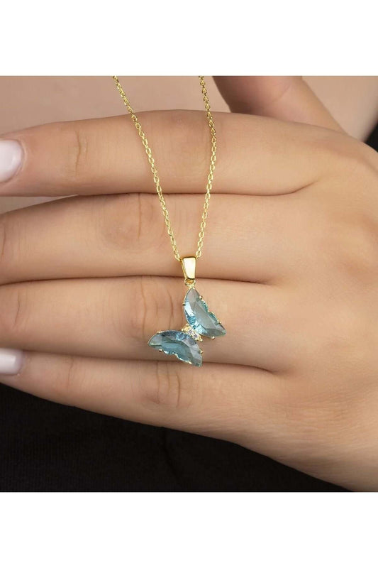 Minimalist 925 Ayar Gümüş Mavi Kelebek Kolye - ÖzelSen