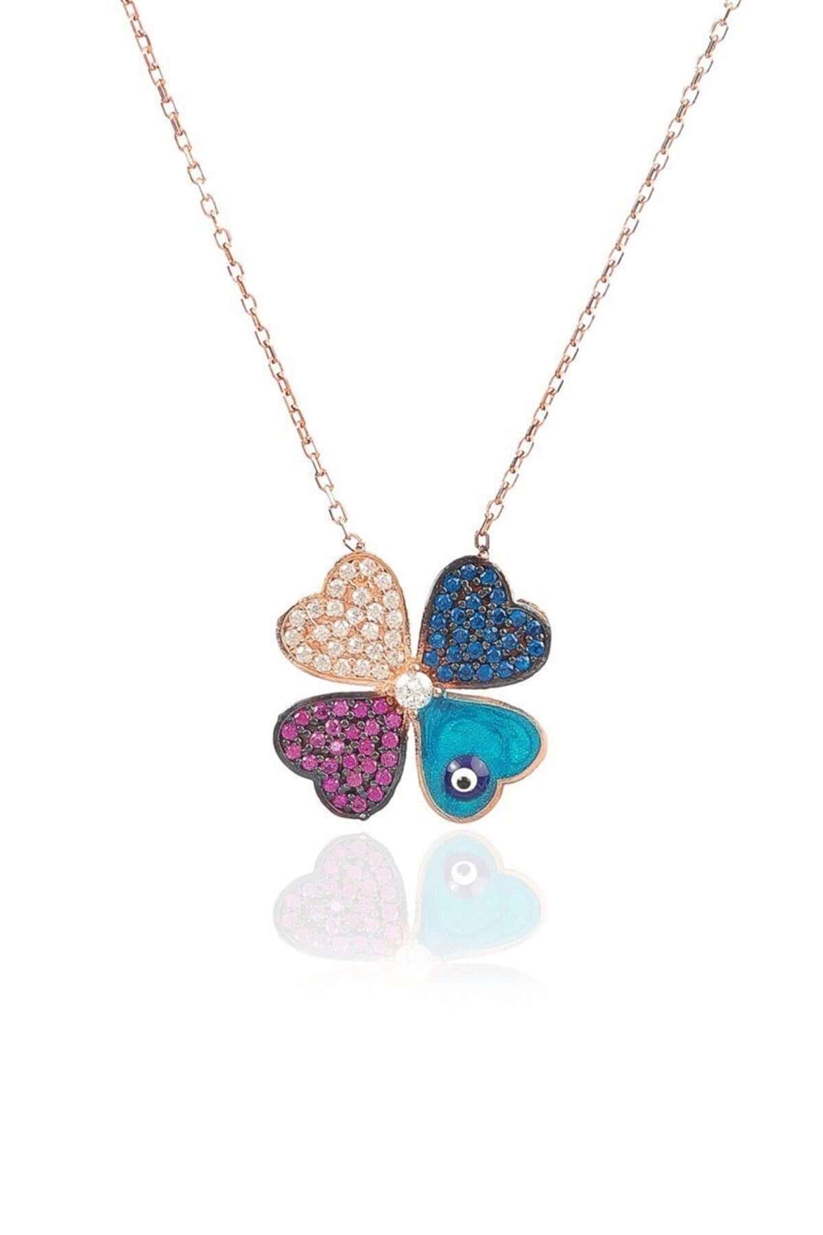 Nazar Boncuklu Renlkli 925 Ayar Gümüş Yonca Kolye - ÖzelSen