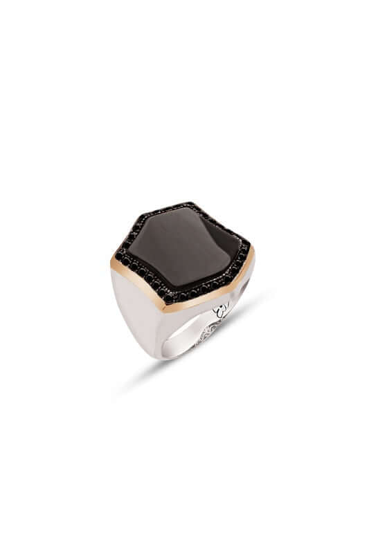 Oniks Taşlı Erkek Yüzük Siyah Zirkon Taş İşlemeli - ÖzelSen