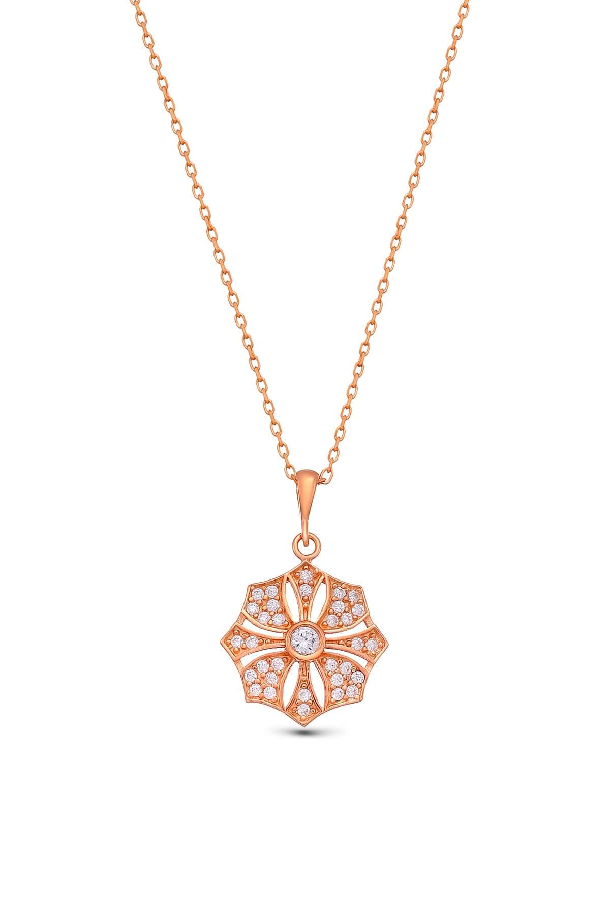 Ortası Taşlı 925 Ayar Gümüş Rüzgar Gülü Çiçekli Kolye - ÖzelSen